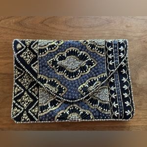 Etched Stone Navy Blue Gold Beaded Clutch
